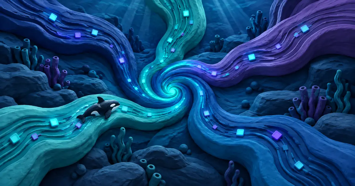 A small clay orca swims along five sculpted ocean currents with circuit grooves and glowing tiles swirling together underwater.